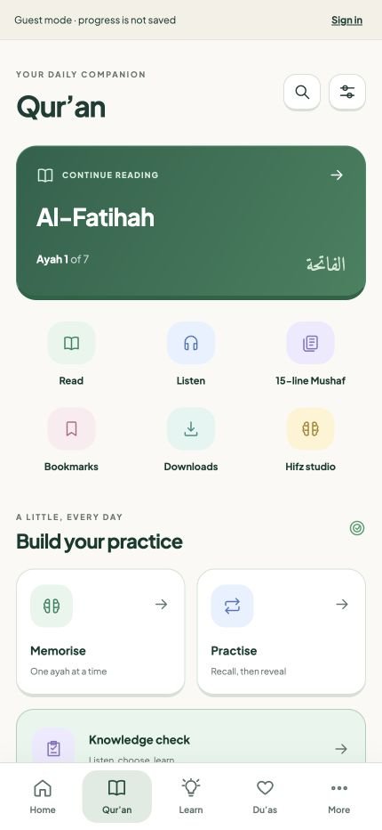 Real Ilmify Qur’an screen with reading, listening, Mushaf and Hifz tools